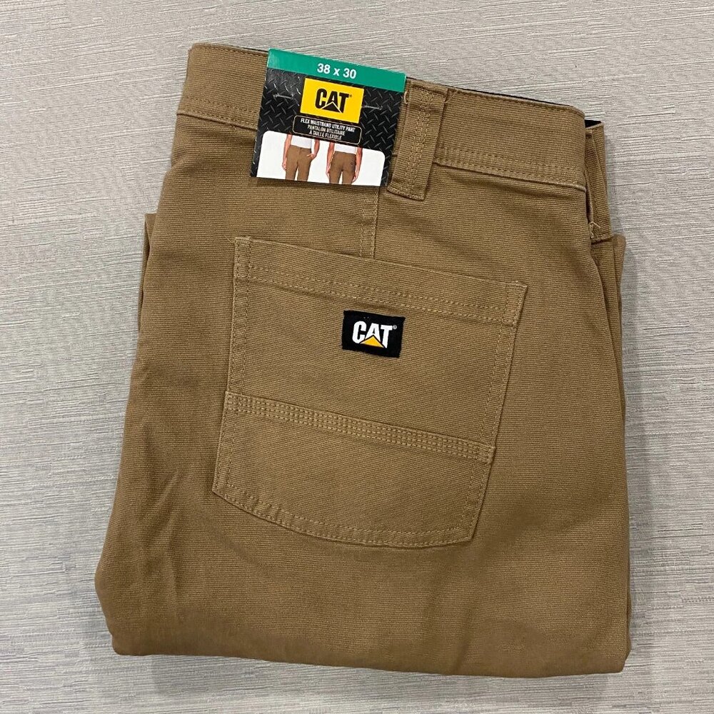 CAT Caterpillar Utility Work Pants Mens 38 x 30 Brown Flex Waistband Cell Pocket